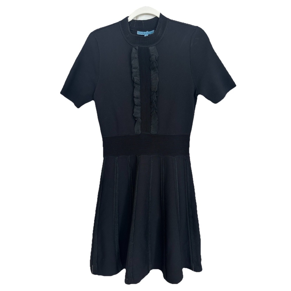 Antonio‎ Melani Black Knit Ruffle Mock Neck Fit and Flare Dress Size M